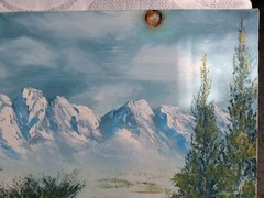 Cabin in the woods oil painting mountain snow peaks on a lake Signed Fink