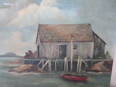 Vintage OIL PAINTING Coastal Ocean Beach Scene Wharf Shack Small Boat on Canvas