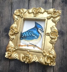 Blue jay bird mini gold ornate framed print of watercolor painting