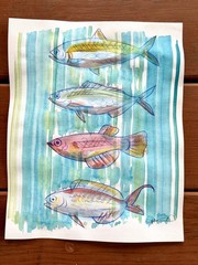 Original Four Fish Blue Painting By Alannah Dyer- Acrylic 8.5×11 in. Fishing
