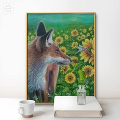 Original 14 x 11 Fox with Sunflowers Acrylic Canvas Wall Painting