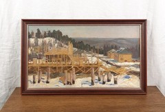 Original Oil Painting Winter Construction Scene 1960s Framed Industrial Art