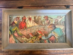Watercolor By Helen H. Pierson Fishermen Observing Catch 1940’s Or 50’s
