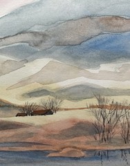 5×7 Pamela Wilhelm Original Watercolor Layers Of Land Trees Lake Evening