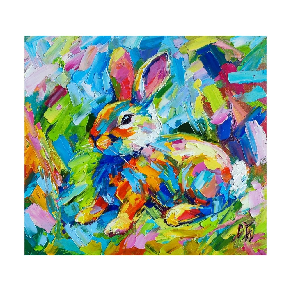 original oil painting Rabbit Bunny Pet artwork Colorful animals wall art 8*7 in