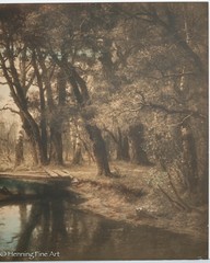 Antique Lithograph of Romantic Wooded Landscape w/ Figure by Stream
