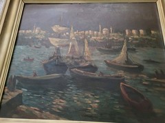 Oil Painting 1930 Mystery Signed Nautical Marina Boats Coastal Dark READ