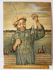 E. J. Rodriguez Painting 1941 of a Boy who Caught a Fish from a Dock