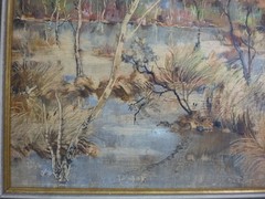 Margott Heinz * 1913 Gemälde Gewässer / Fluss Landschaft mit Bäumen 1975