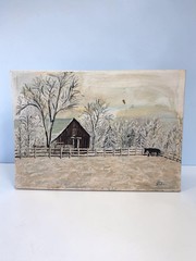 VINTAGE OIL ON BOARD PAINTING by LOUISE WEBER HORSE BARN FARM FENCE 14 X 10”