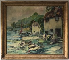 YETTA BORNSTEIN ANTIQUE LANDSCAPE OIL PAINTING OLD VINTAGE MODERN BOATS 1947