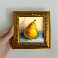 Pear Original Oil Painting, Small Framed Original Art, Fruit Wall Decor