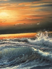 A. Kania Signed Realism Seascape Sunset Ocean Waves Painting on Canvas 20 x 24
