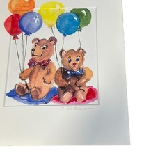 J. Waldman Teddy Bears Balloons Original Watercolor Painting Signed Matted Art