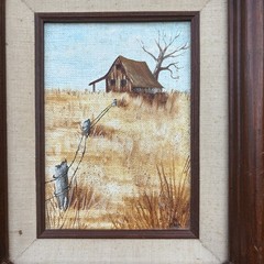Vintage 1983 Rustic Barn Oil Painting Cottagecore Farmhouse Linen Liner