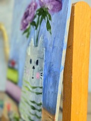 Vase cat oil painting 15×20 cm plants flowers painting on cardboard