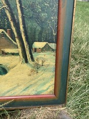 Antique Oil painting Board Winterscape Night Lake 19×22” Homestead Emma Kinsey