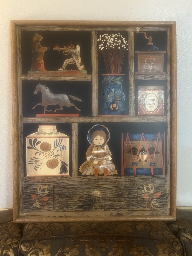 Vintage Huntington Folk Art Oil On Canvas Shadow Box Scene 27”x33”