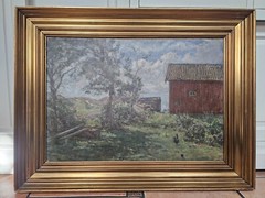 Oil Painting – Viggo Johanson (1851-1935) Farm with Chickens