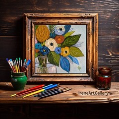 Bohemian Style Colorful Floral Bouquet Handmade Modern Oil Painting 12×12”