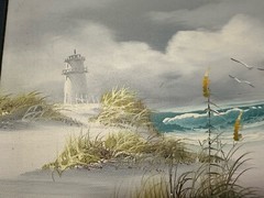 Vtg Old Orchard Beach OOB MAINE oil or acrylic lighthouse 8×10 framed signed