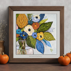 Bohemian Style Colorful Floral Bouquet Handmade Modern Oil Painting 12×12”
