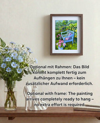Garden Bench with Hat Oil Painting 21×26 cm Flowers Landscape Painting with Frame