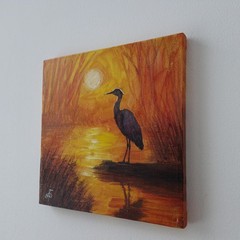 Heron Sunset Lake Acrylic Painting Original Bird Landscape Art Canvas 8×8