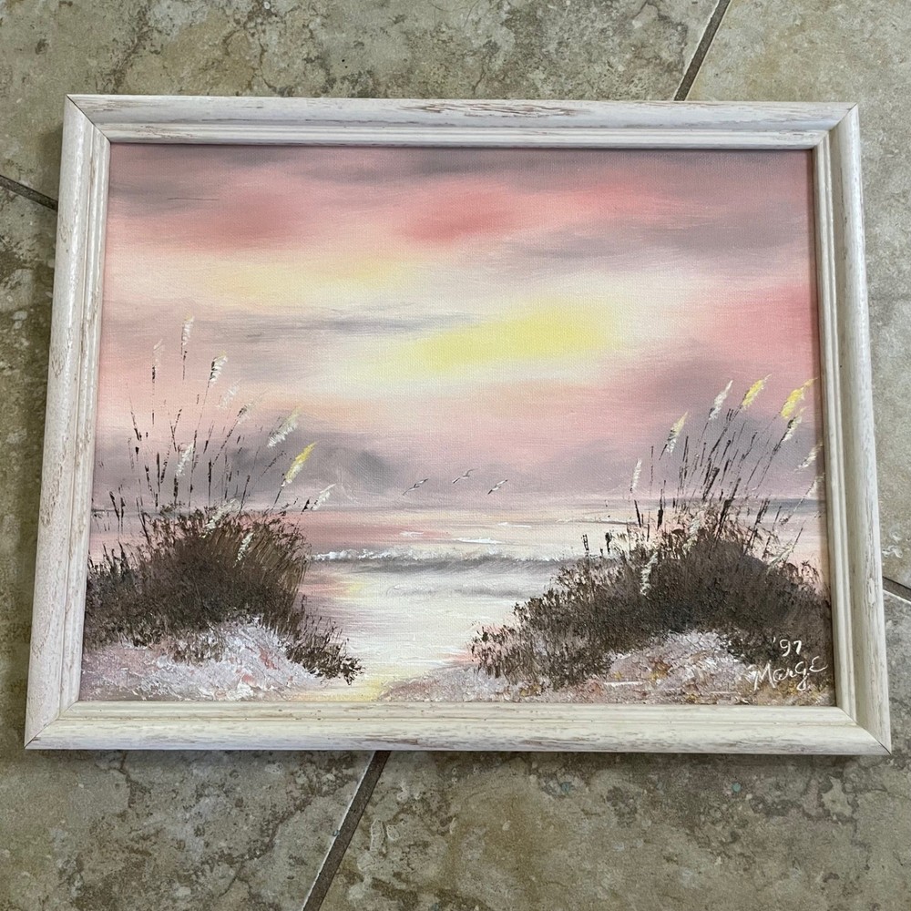 Vintage Marge Parker Signed Oil Painting Beach Sunset Seascape Framed 11×14 1997