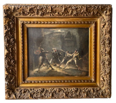 LOMBARD SIGNED FRENCH OIL ON CANVAS – 19th CENTURY – MUSKETEER DUEL BY MOONLIGHT