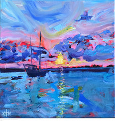 12×12 Sailboat Colorful Modern Art Acrylic Xtn Original Painting on Canvas