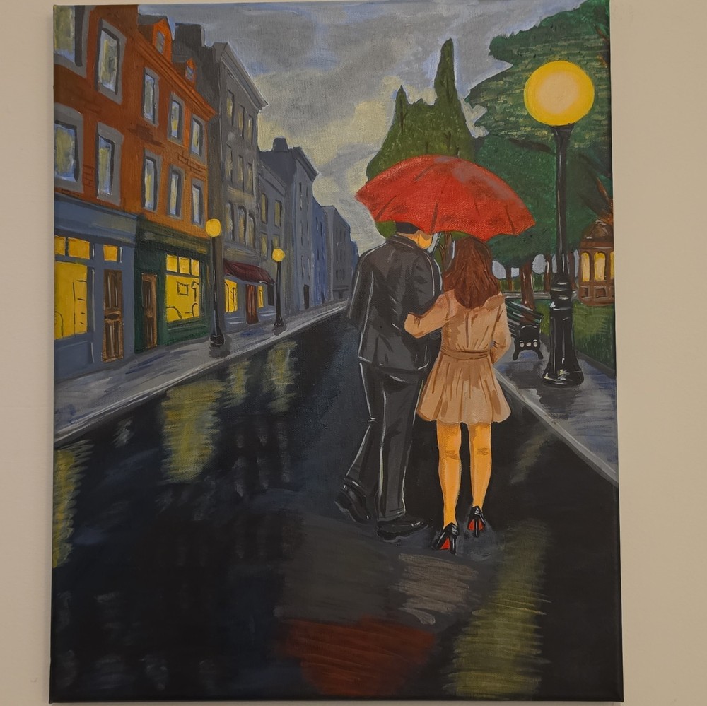 artbymadden acrylic impressionism city street painting couple under red umbrella