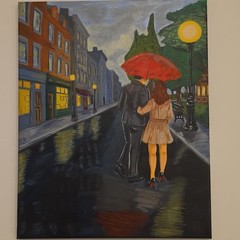 artbymadden acrylic impressionism city street painting couple under red umbrella