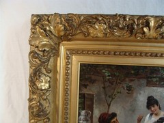 Antique 19C P Desalos Genre Family at Table O/C Painting