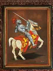 Original MCM Oil Listed RICHARD DANSKIN Medieval MOUNTED KNIGHT FRAME 46” X 36”