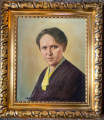 Oil painting sign. C. Specht portrait of an older lady with yellow scarf