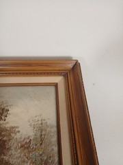 T. Azeen Signed original Oil On Canvas Framed 30″x27″ landscape house on stream