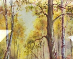 Superb Forest Creek in Autumn Scene Watercolor Painting Artist Signed Aunt Leona