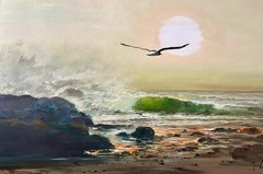 Seascape Coast Ocean Waves Seagull Soaring Oil Painting Canvas Signed 40” x 28”