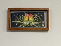 ORIGINAL Colorful LOVE BIRDS Parrots SIGNED R. Eckert FRAMED Black/Green/Yellow