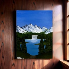Original Acrylic Painting Snowy Mountain Landscape Waterfall Fine Art 11×14