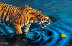 Original oil painting tiger, rubber yellow duck 32* 49 cm , OOAK , Hand painting