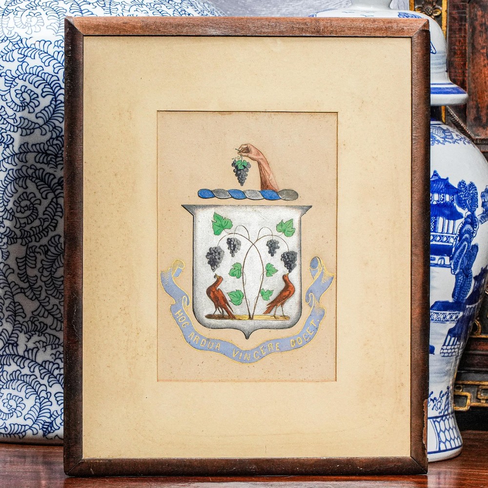 Fantastic Large Framed Antique Gouache Drawing Painting Armorial Coat of Arms