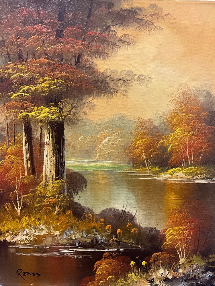 Oil Painting 16×20” Autumn forest landscape, stand still lake, warm tones