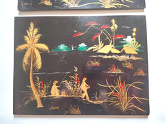 2 VTG Black Lacquer Gold Japanese Painting Wood Wall Art Plaque Signed