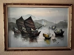 Oil on Canvas P. Wong Signed Chinese Junk Boats – 39.5”x27.5”x1 3/4”