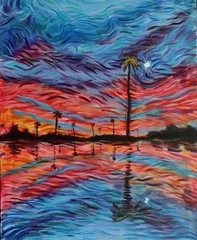 ShawNshawN Original 16×20 painting sunset by the ocean caribbean sea vibrant art