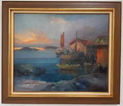 No.: 217 oil painting oil painting seafaring sea sunset people ships