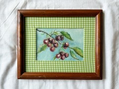 Wooden Framed Original Watercolor Painting Cherry Cottagecore Kitchen Art
