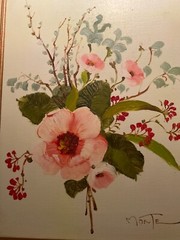 Vtg Pink Flowers Floral Still Life Painting Signed Gold Gilt Wood Frame 23×20”